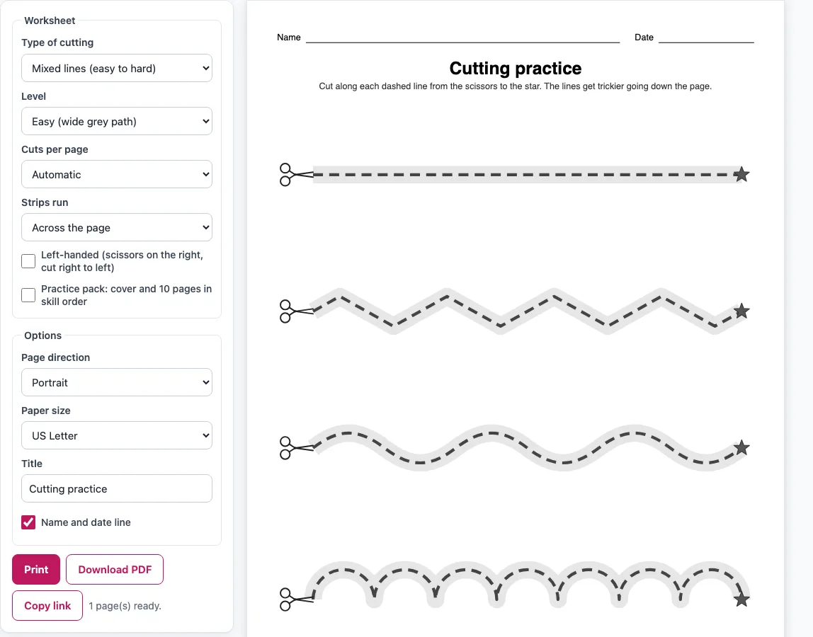 Cutting practice worksheets example