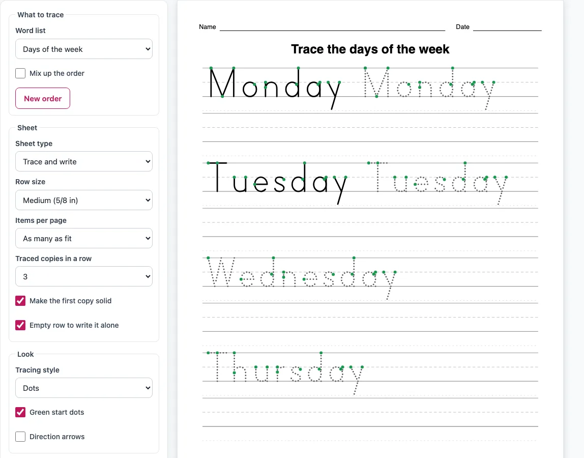 Days of the week worksheets example