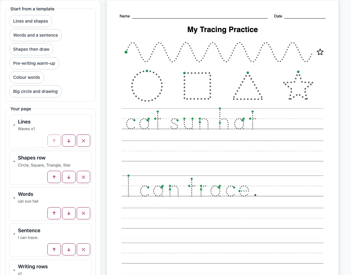Tracing worksheets example