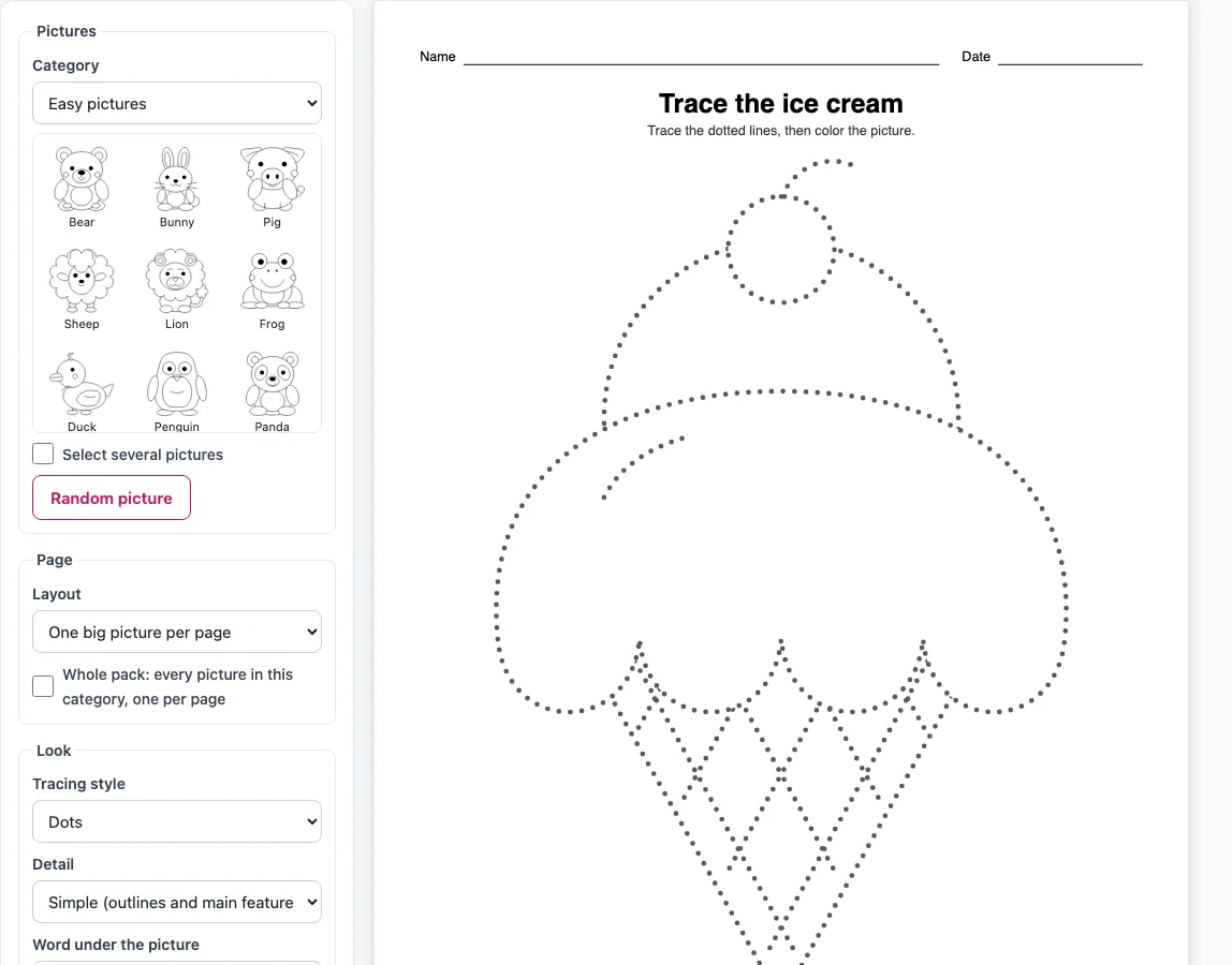 Color and trace worksheets example